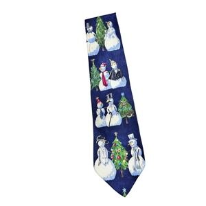 St Nichols Tie Shop Mens Navy Snowman Christmas Holiday Silk Necktie